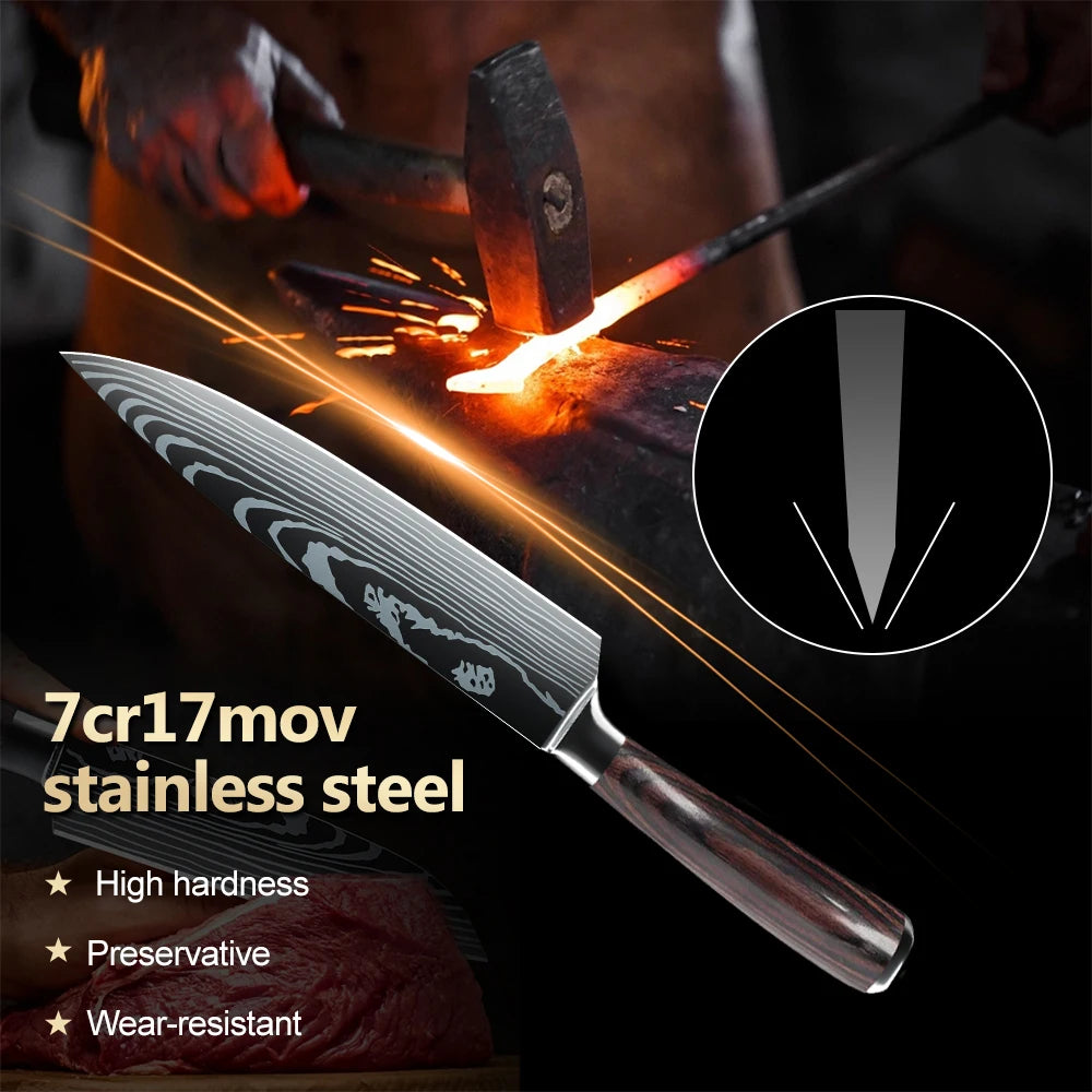 8/10pcs Kitchen Knives Set, Laser Damascus Pattern