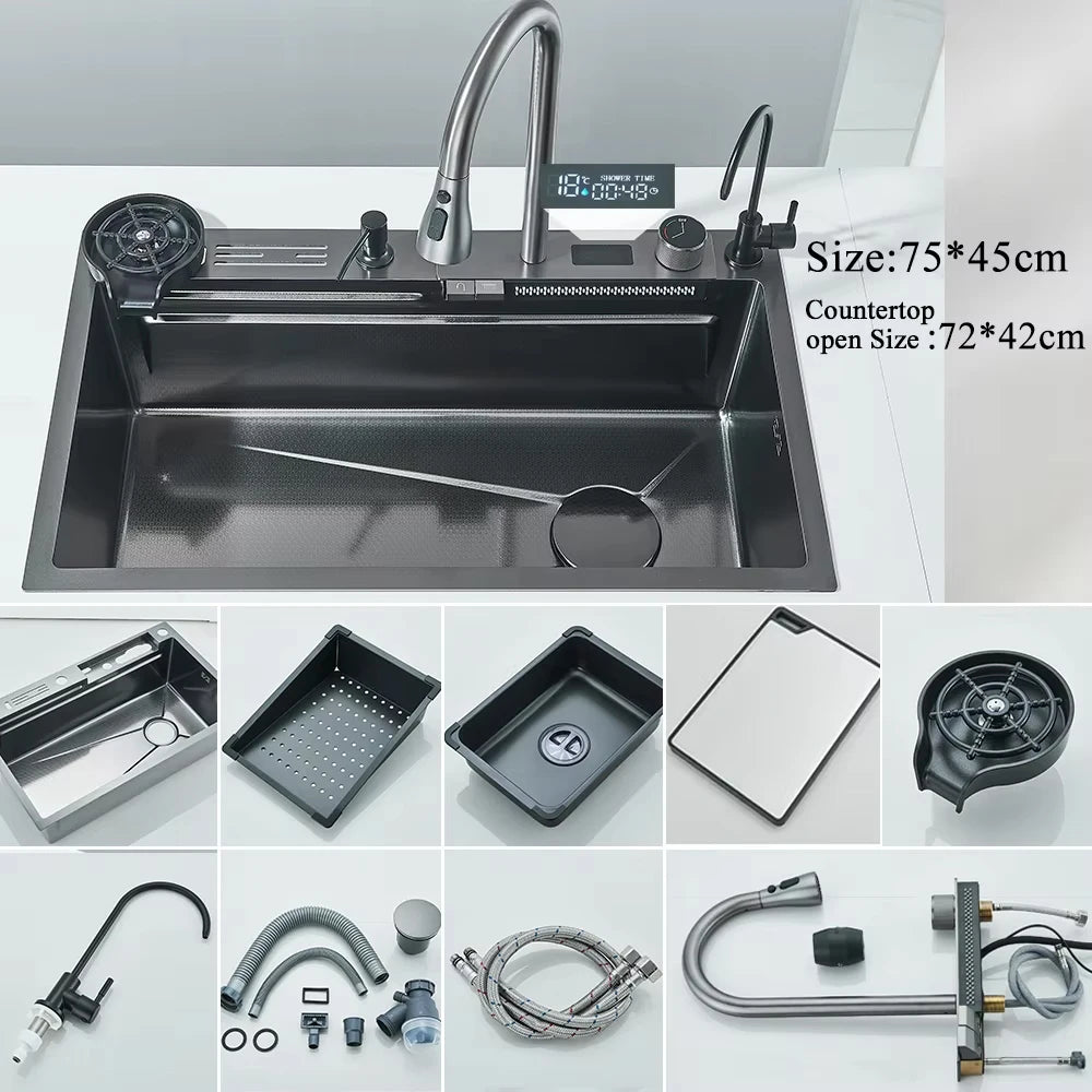 304 Stainless Steel Waterfall Kitchen Sink Large Single Slot