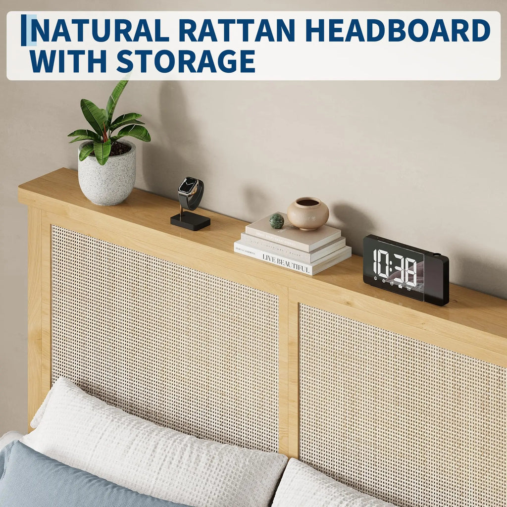 Boho Style Rattan Bed Frame with Natural Headboard & RGB LED Lights - Storage Headboard, Plain Wood Platform, Noise-Free Slats, No Box Spring Needed