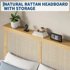 Boho Style Rattan Bed Frame with Natural Headboard & RGB LED Lights - Storage Headboard, Plain Wood Platform, Noise-Free Slats, No Box Spring Needed