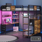 Twin Loft Bed with Desk, Twin Bed Frame with 6 Storage Drawers, 2 Bedside Organizer, 3 Movable Hooks, LED Lights