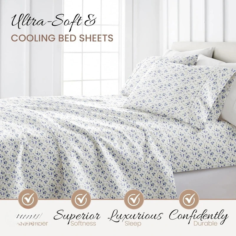 4 Piece Queen Sheet Set (Light Blue Floral) - Ultra-Soft & Cooling Bed Sheets