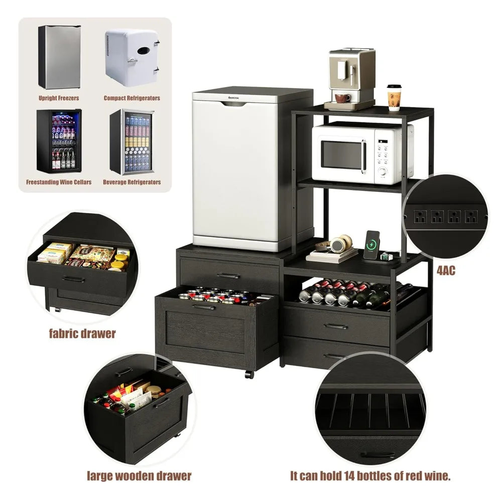 Mini Fridge Stand with Wine Rack, Power Outlet, Microwave Oven Stand, Coffee Bar