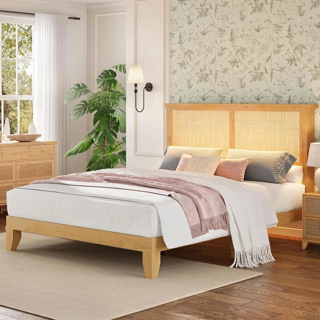 Boho Style Rattan Bed Frame with Natural Headboard & RGB LED Lights - Storage Headboard, Plain Wood Platform, Noise-Free Slats, No Box Spring Needed