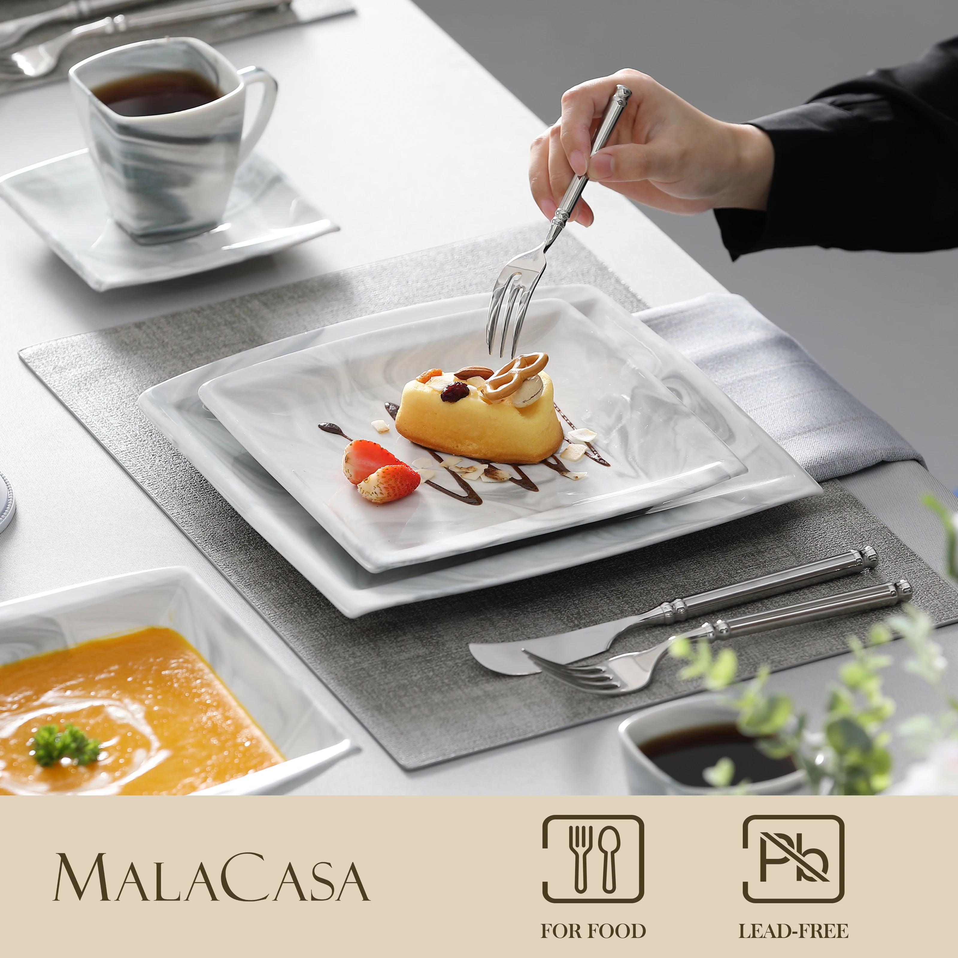 30/60PCS Marble Grey Porcelain Tableware Dinnerware Set with 6PCS Dessert/Soup/Dinner Plate/Cup/Saucer, Service for 12