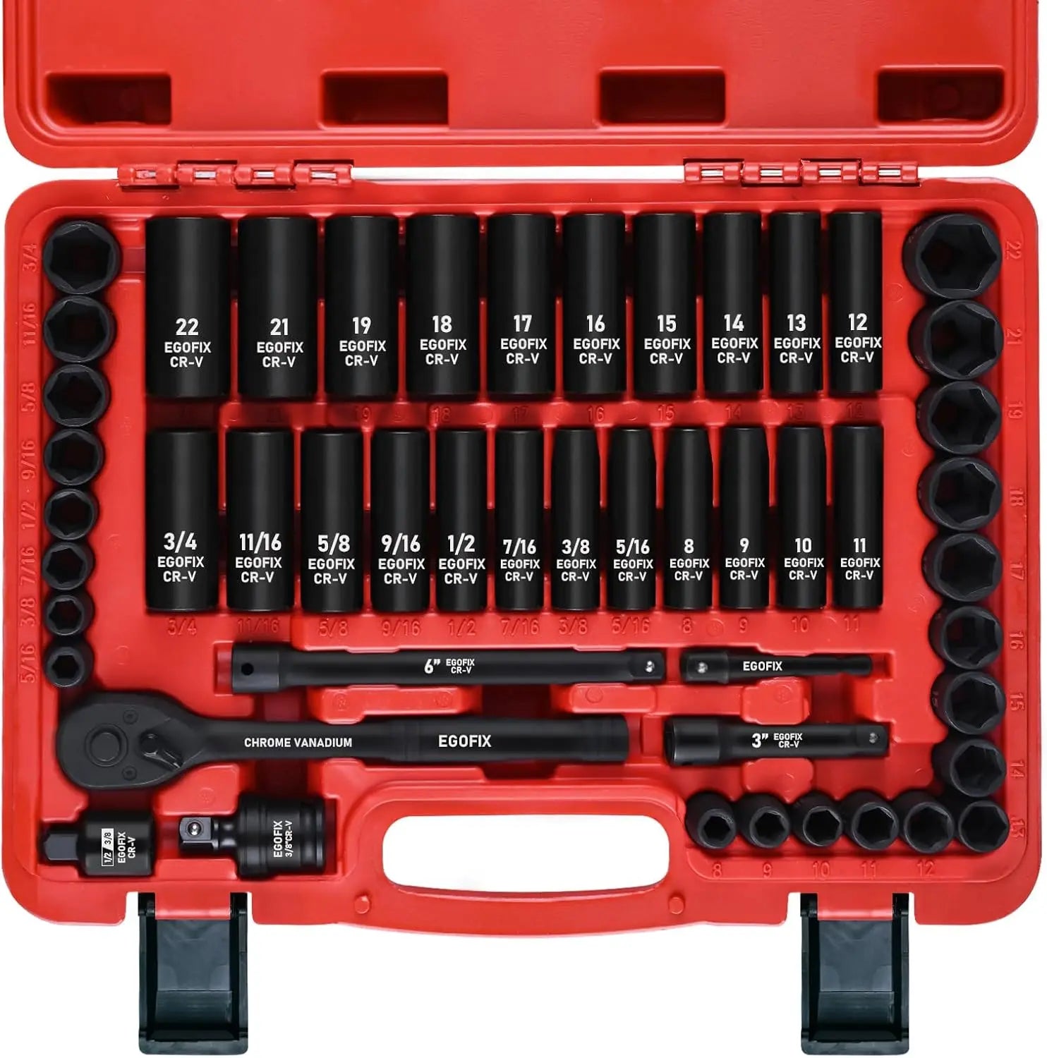 50-Piece 3/8" Impact Socket Set with SAE/Metric Sizes, Ratchet Handle & Extensions