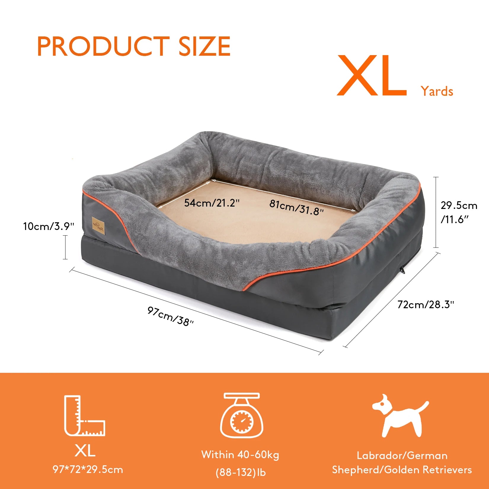 L XL 2XL 3XL Dog Bed, Super Soft Orthopedic Foam Pet Bed with Cotton-padded Bolster and Removable Cover