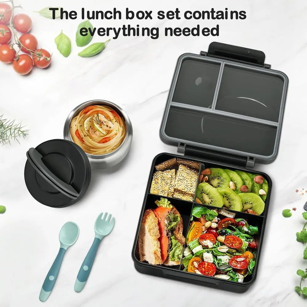 Lunch Box Set with 8oz Soup Thermo, Leak-Proof Lunch Containers, 4 Compartments, Hot Food Jar, and Insulated Lunch Bag for Kids