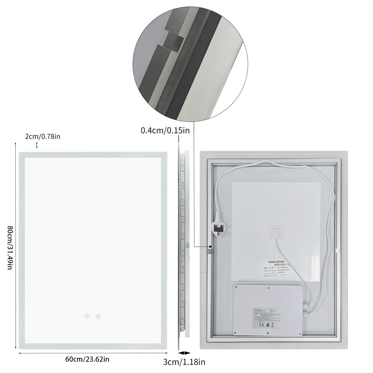 Wall Mirror w Anti-fog, Dual buttons, Memory, Tri-color light, Touch Dimmable