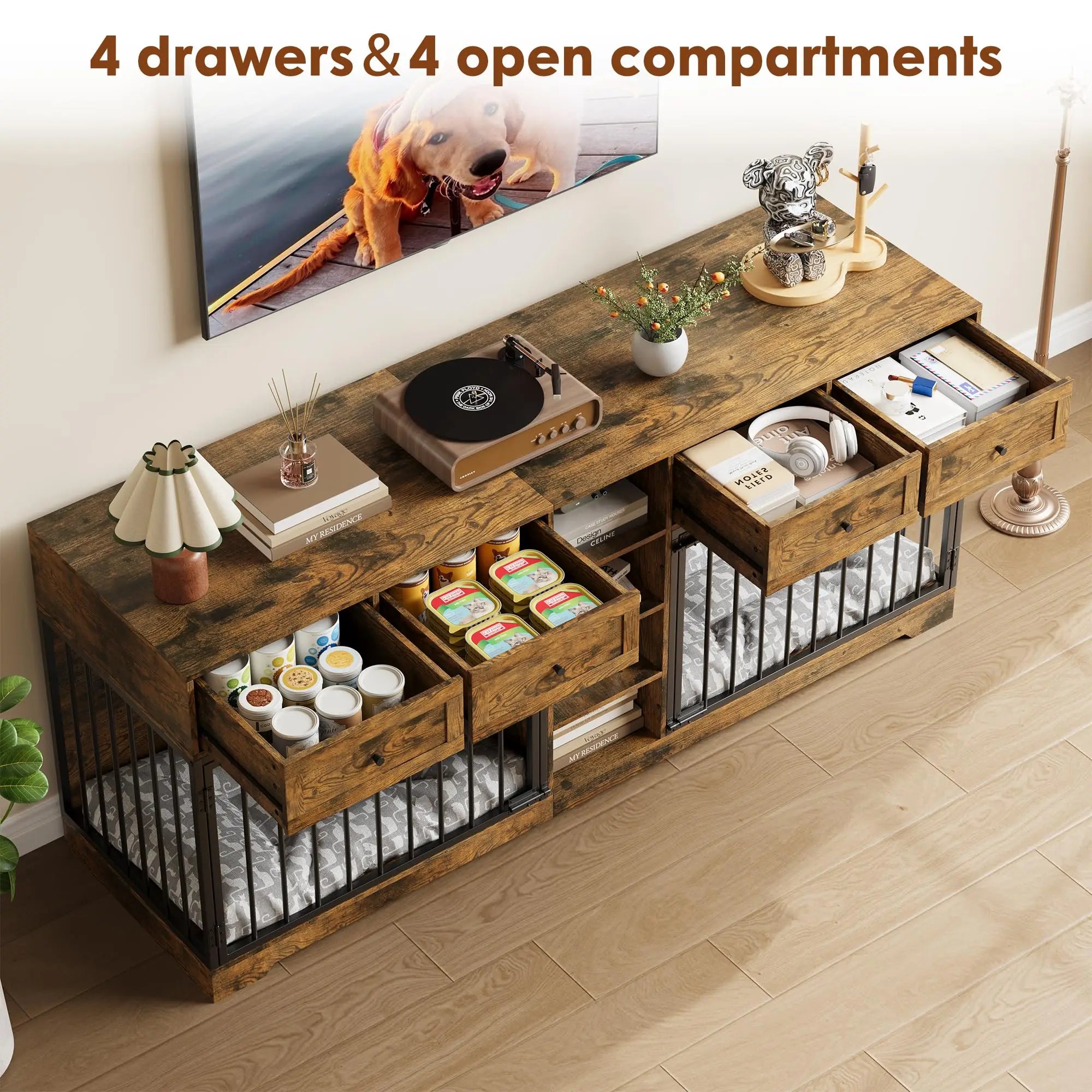 82'' Large Double Dog Crate TV Stand With 4 Drawers, Shelves
