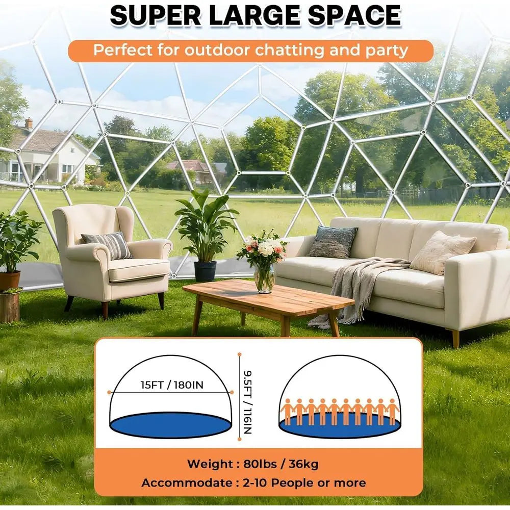 12ft x 7.2ft Geodesic Dome Greenhouse Tent with Clear PVC Cover and Waterproof Feature, Includes 2x10m Light Strings
