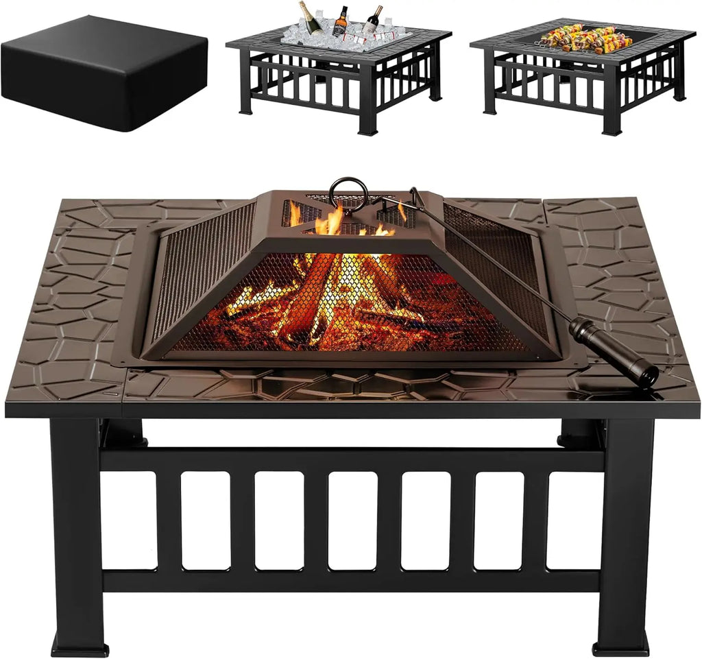 Devoko Outdoor Fire Pit, 32 Inch Firepit Table Metal Outdoor Fireplaces with Waterproof Cover