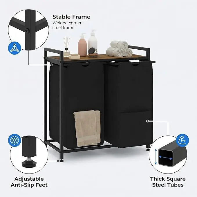 2 Compartments Laundry Basket with Shelf