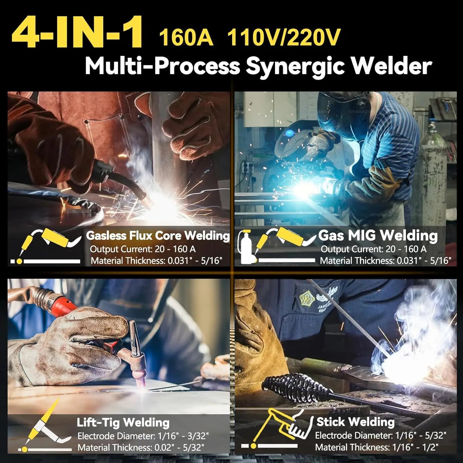 160A 4-in-1 AI Welding Machine: Dual Voltage MIG/TIG/Stick Welder with Smart Control for Home and Auto Repair