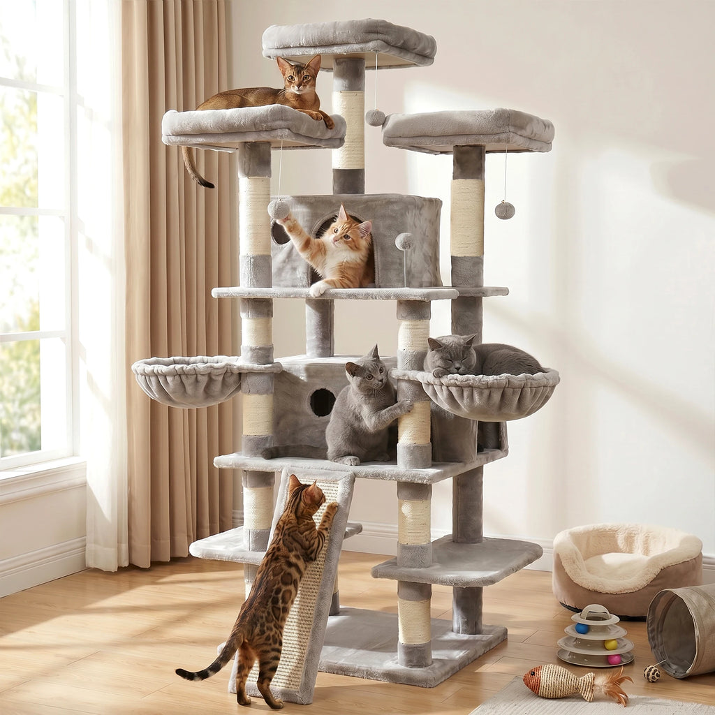 68in Large Multi Level Cat Tree Tower Indoor Activity Center 2 Condos 3 Plush Perches Scratching Post