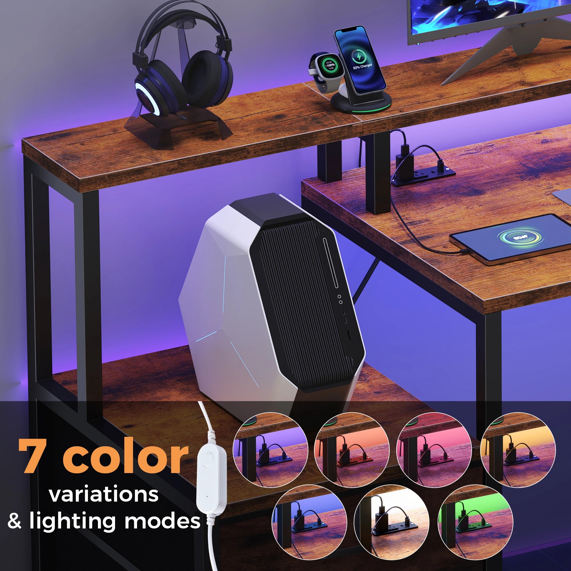 67In Gaming Computer Desk with 5 Storage Drawers, LED Lights, Power Outlets