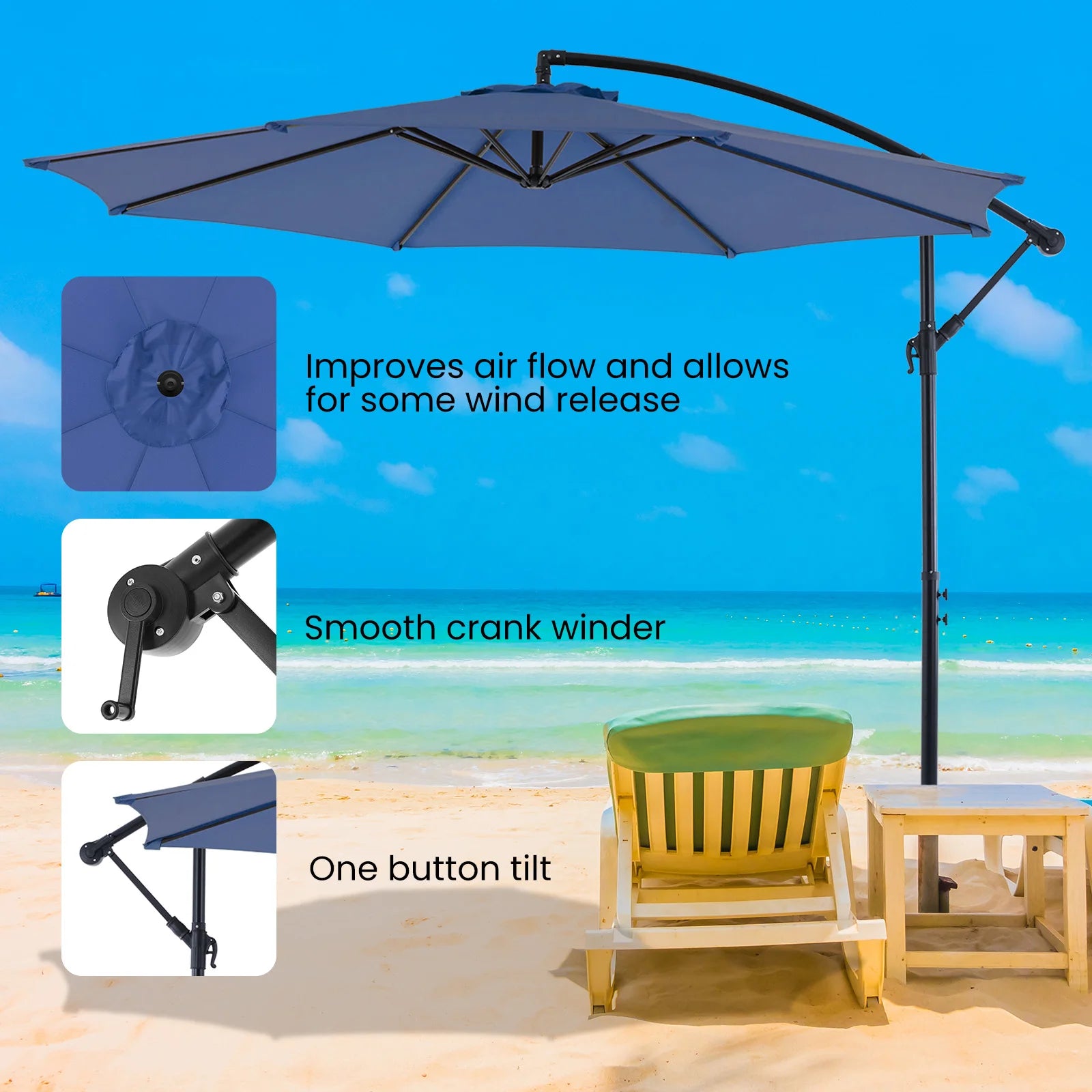 10FT Outdoor Patio Umbrella Hanging Cantilever with Easy Tilt Adjustment UV Protection 8 Sturdy Ribs