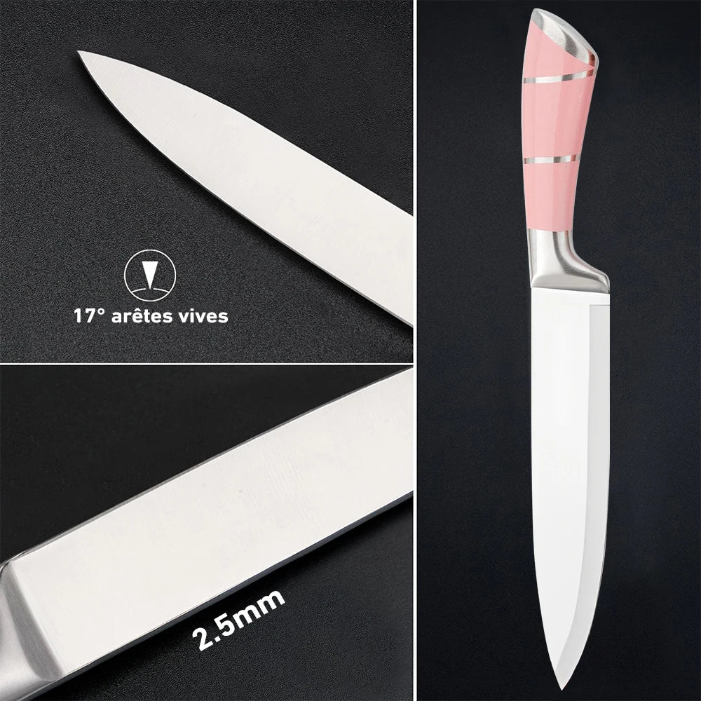 9 Pcs Pink Hollow Handle Stainless Steel Kitchen Knife Set with Rotatable Knife Block,  Includes Chef Knife Cleaver Bread Knife Utility Paring Knife, Kitchen Scissors, Fruit Peeler and Sharpening Rod