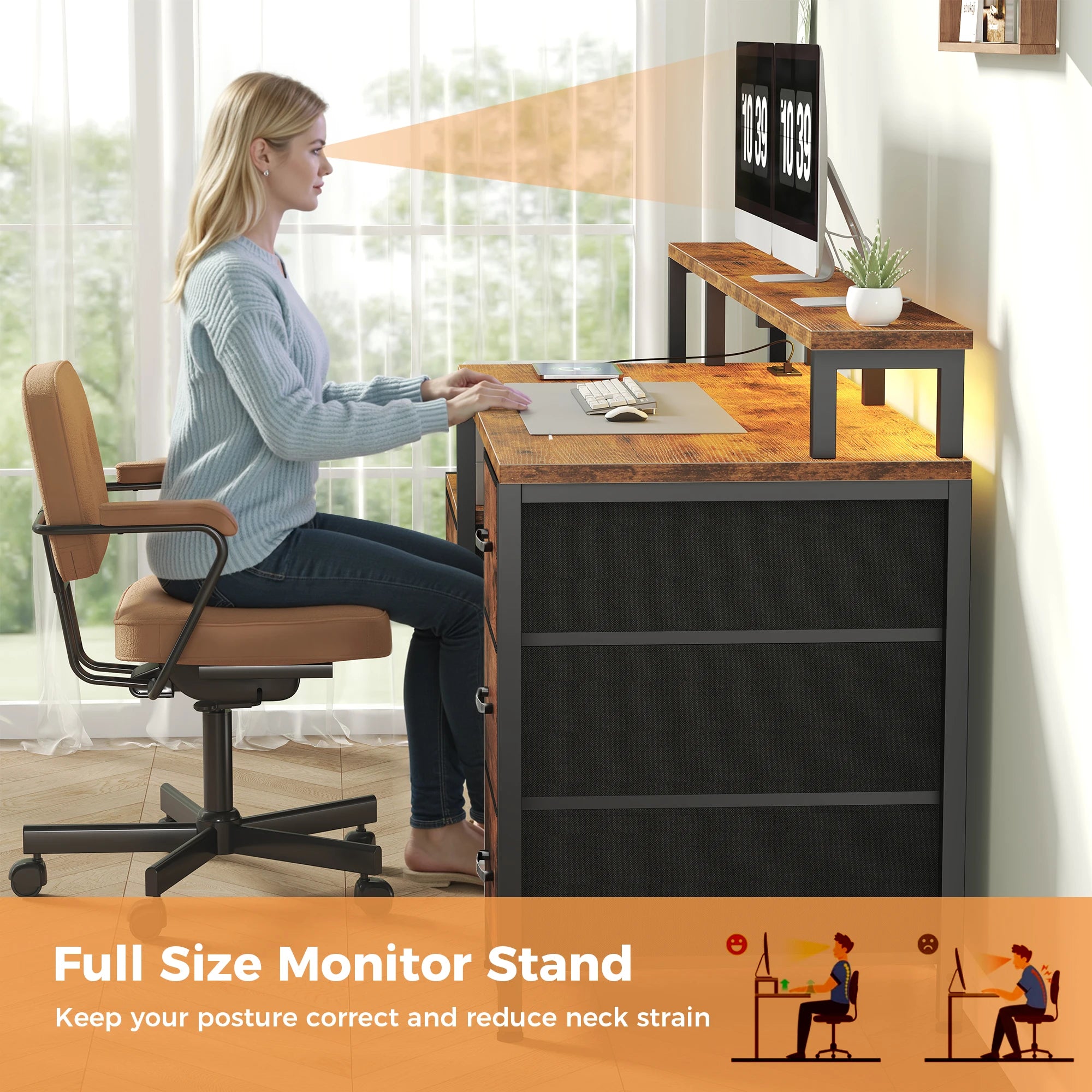 67In Gaming Computer Desk with 5 Storage Drawers, LED Lights, Power Outlets