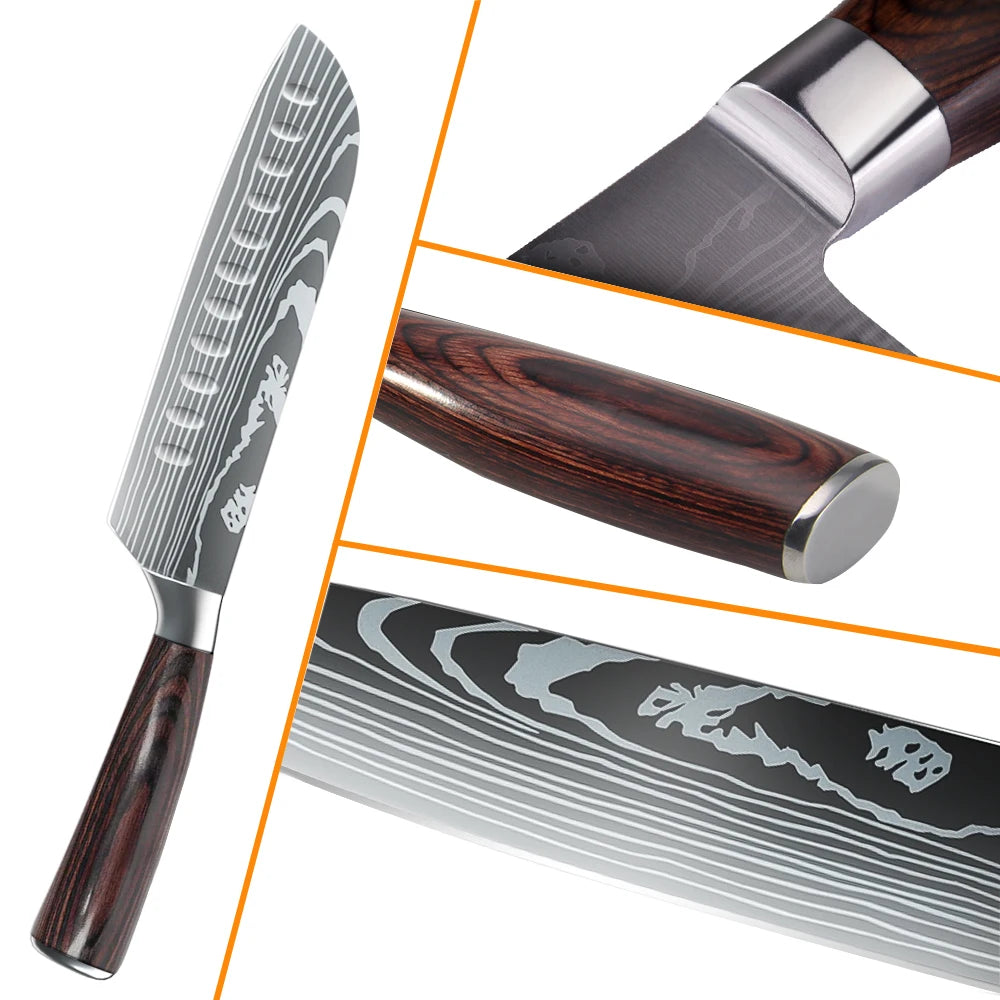 8/10pcs Kitchen Knives Set, Laser Damascus Pattern
