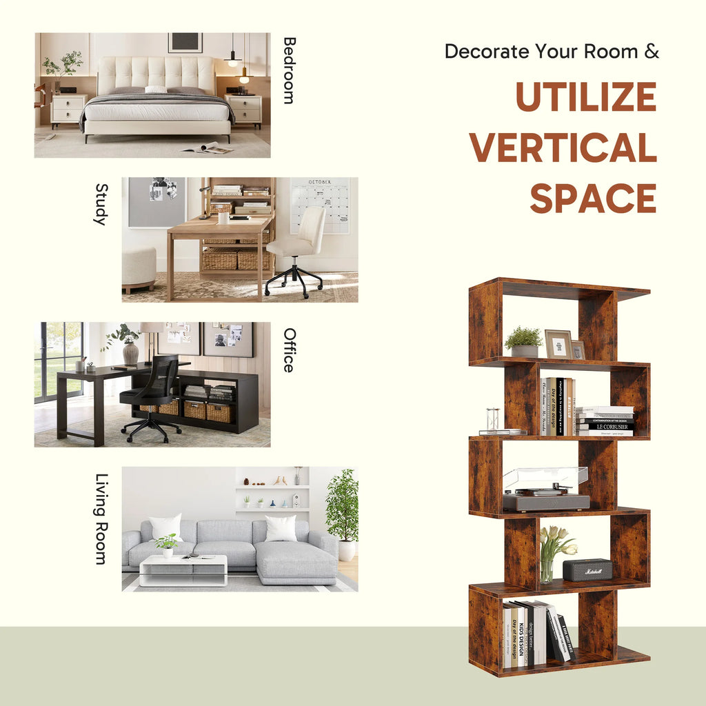 62IN Geometric Bookcase 5 Tier S-Shaped Wooden Display Bookshelf