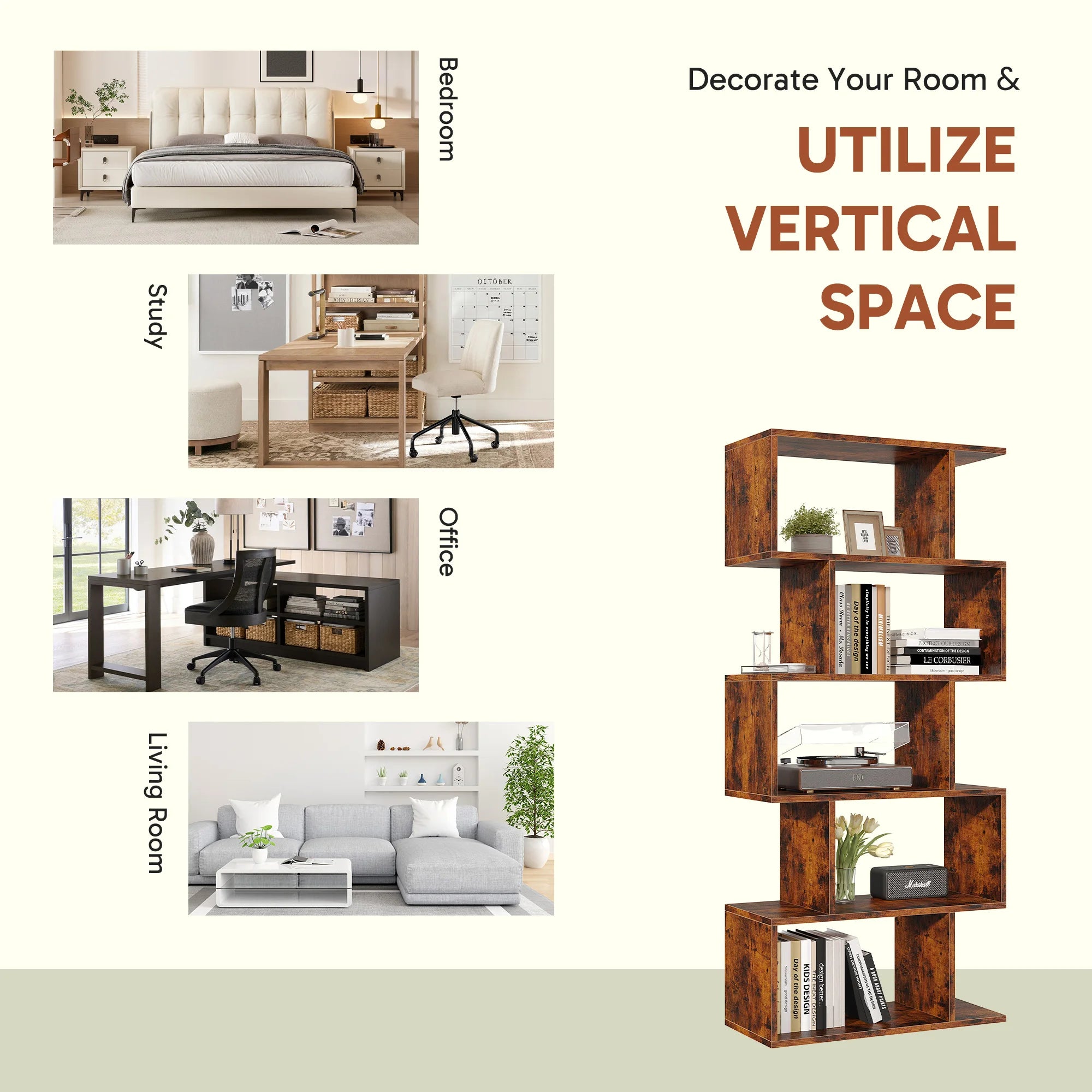 62IN Geometric Bookcase 5 Tier S-Shaped Wooden Display Bookshelf