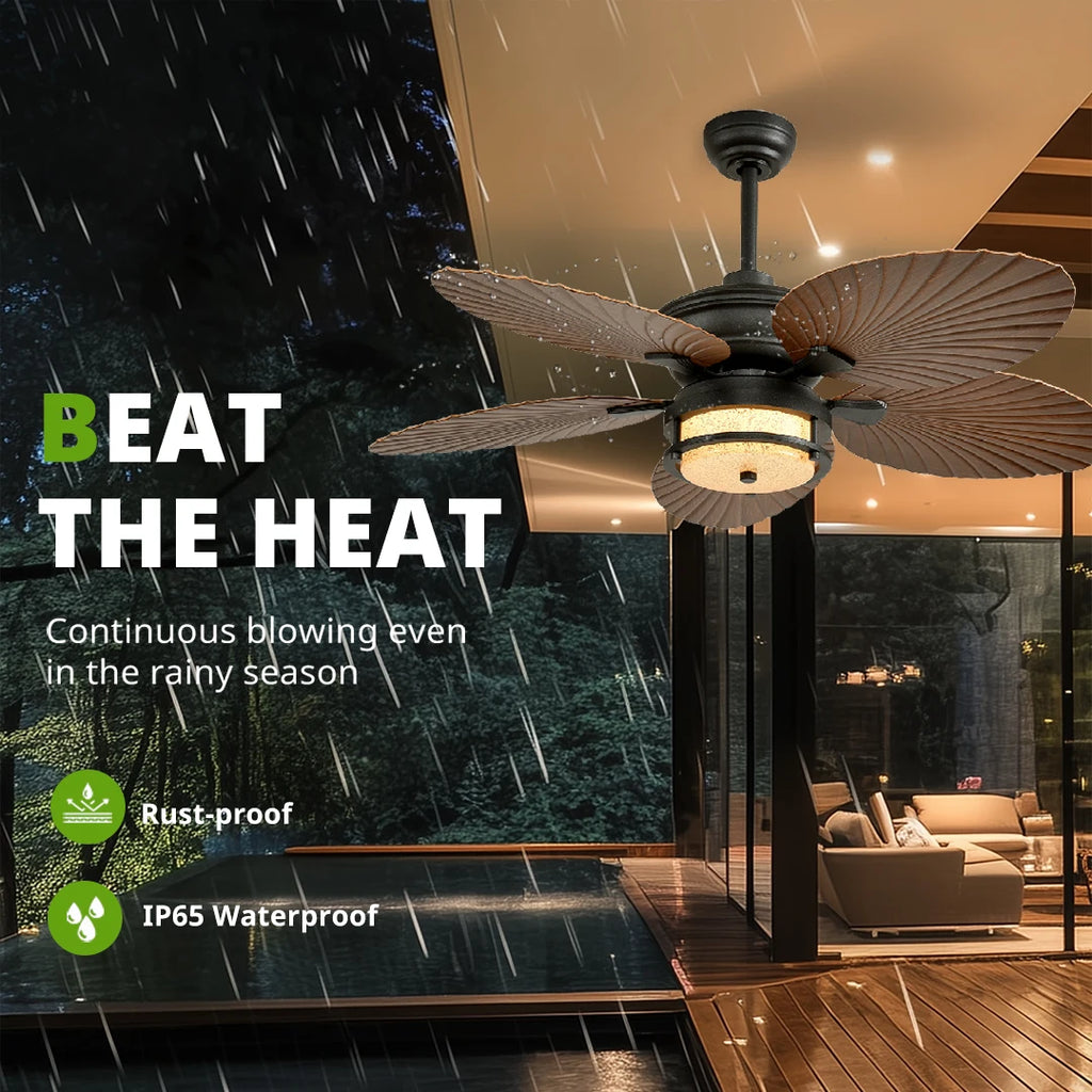 52'' Outdoor Ceiling Fan with Lights, Tropical Palm Leaf Fan, Wet Rated for Patio, Porch & Gazebo, Dimmable LED, 6-Speed,
