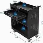 27 Inch Rolling Tool Cart, 3 Tier Steel Utility Cabinet with Drawer, Mobile Storage Organizer with Locking Casters for Garage Workshop Office, Black