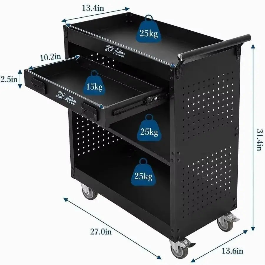 27 Inch Rolling Tool Cart, 3 Tier Steel Utility Cabinet with Drawer, Mobile Storage Organizer with Locking Casters for Garage Workshop Office, Black