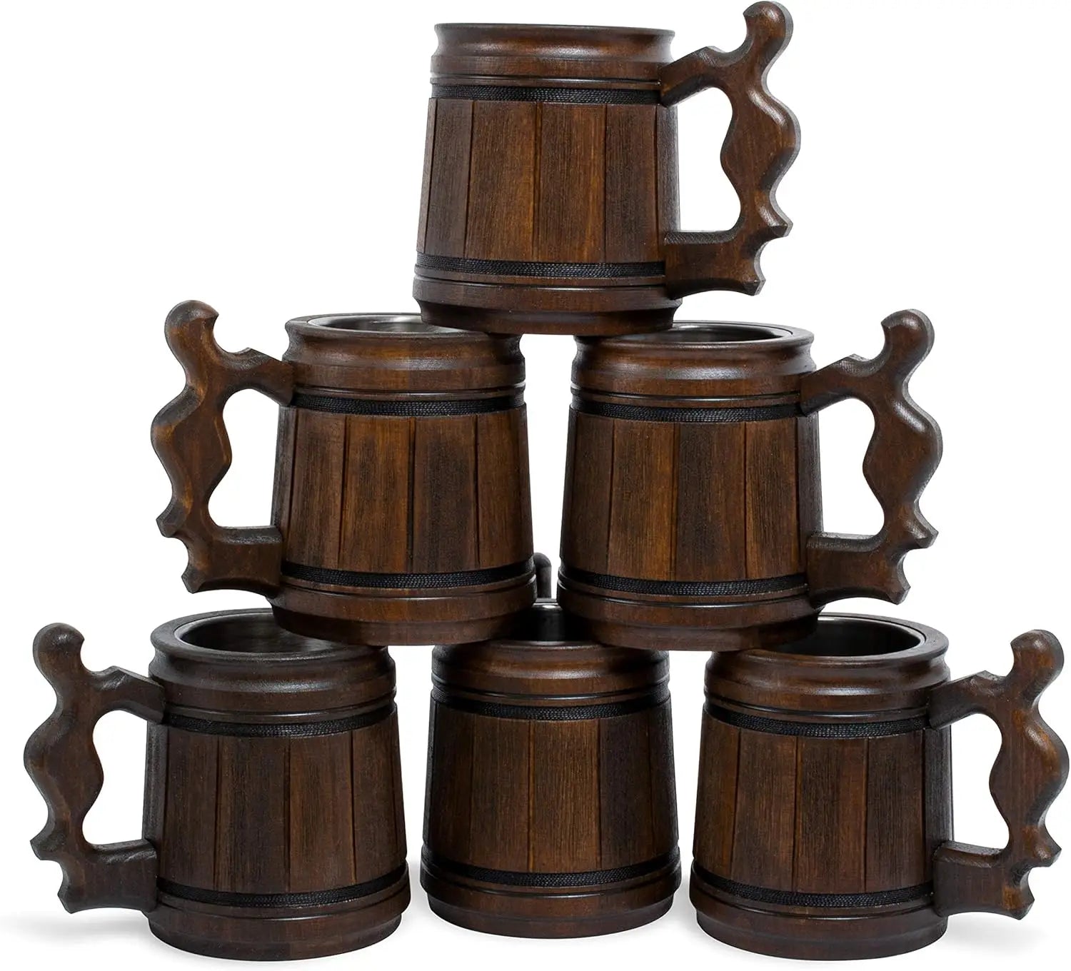 Set of 6 Wooden Beer Mugs with Stainless Steel Inserts, 10 OZ Capacity, Ideal for Men's Gifts on Father's Day or Christmas