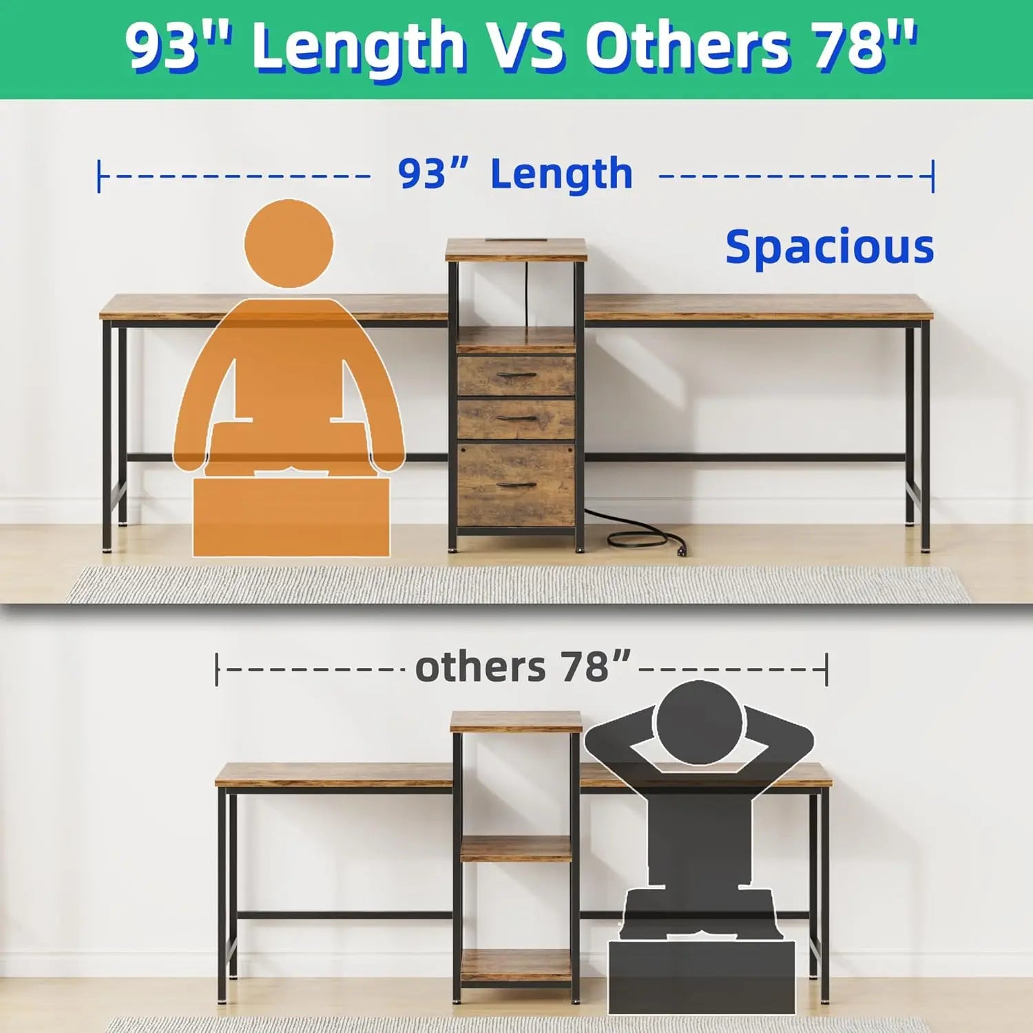 93-Inch Two-Person Desk with Charging Station, 3 Drawers & Printer Shelf for Home Office