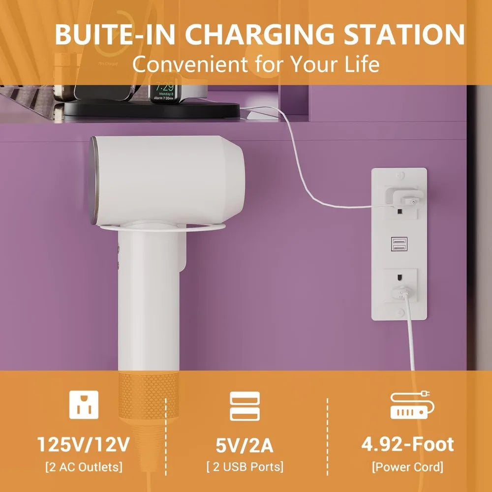 Glass Top Vanity with Lighted Mirror & RGB Glass Cabinet and 3 Drawers