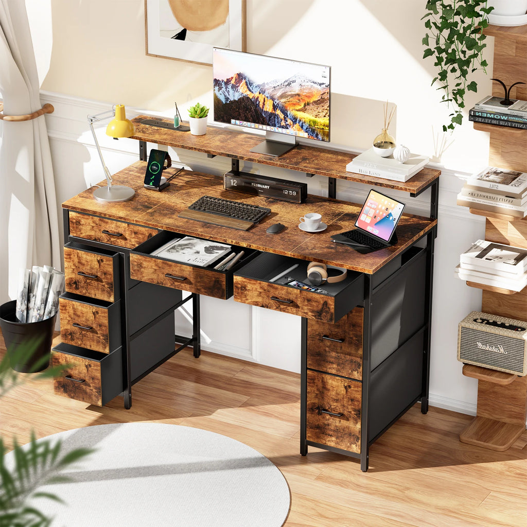 Computer Desk with 8 Storage Drawers, Adjustable Monitor Stand, Writing Desk with LED Lights & USB Power Outlets