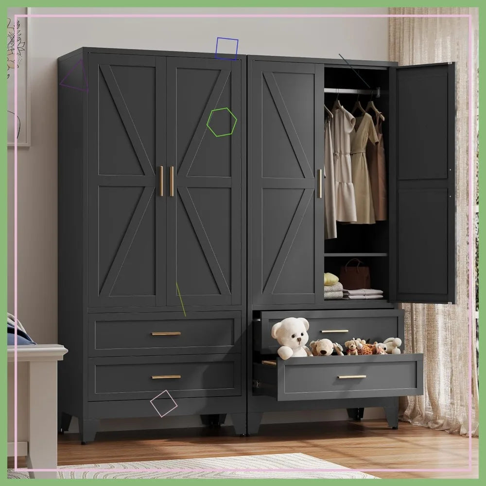 71" Metal Wardrobe Cabinet with Hanging Rod, Adjustable Shelves