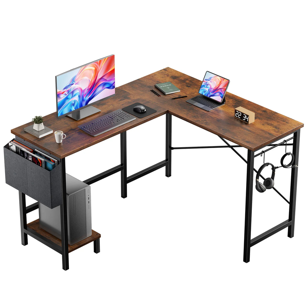 L Shaped Standing Office Computer Desk with Storage Bag and Side Hook