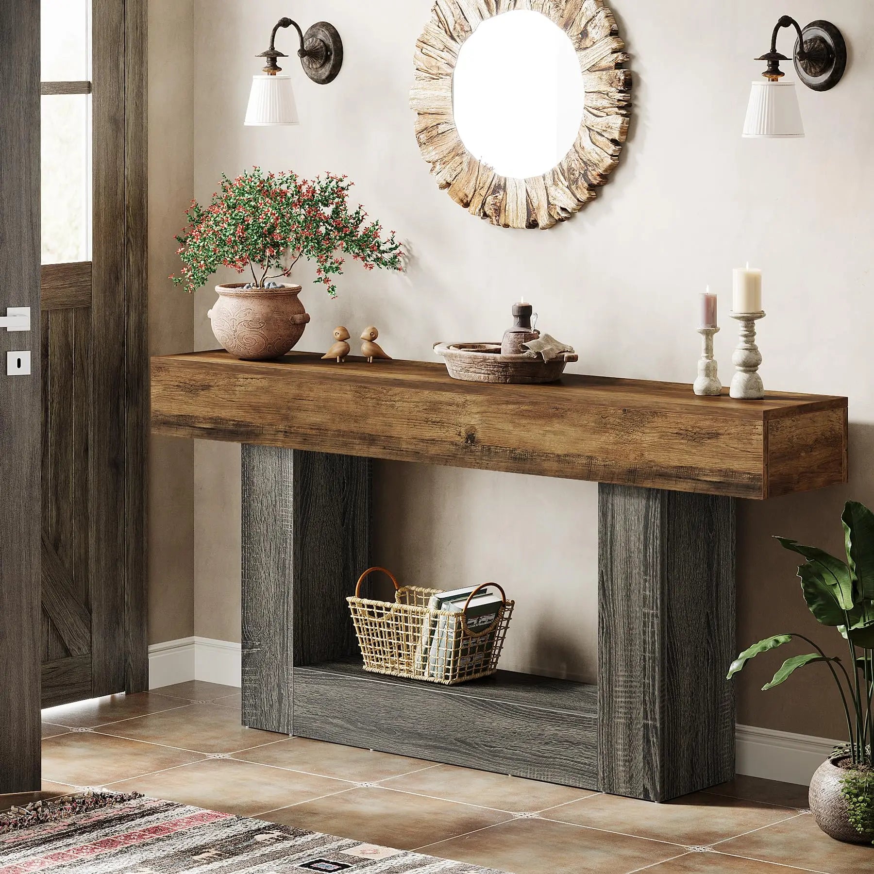 Farmhouse 2-Tier Entryway Table with U-Shaped Base