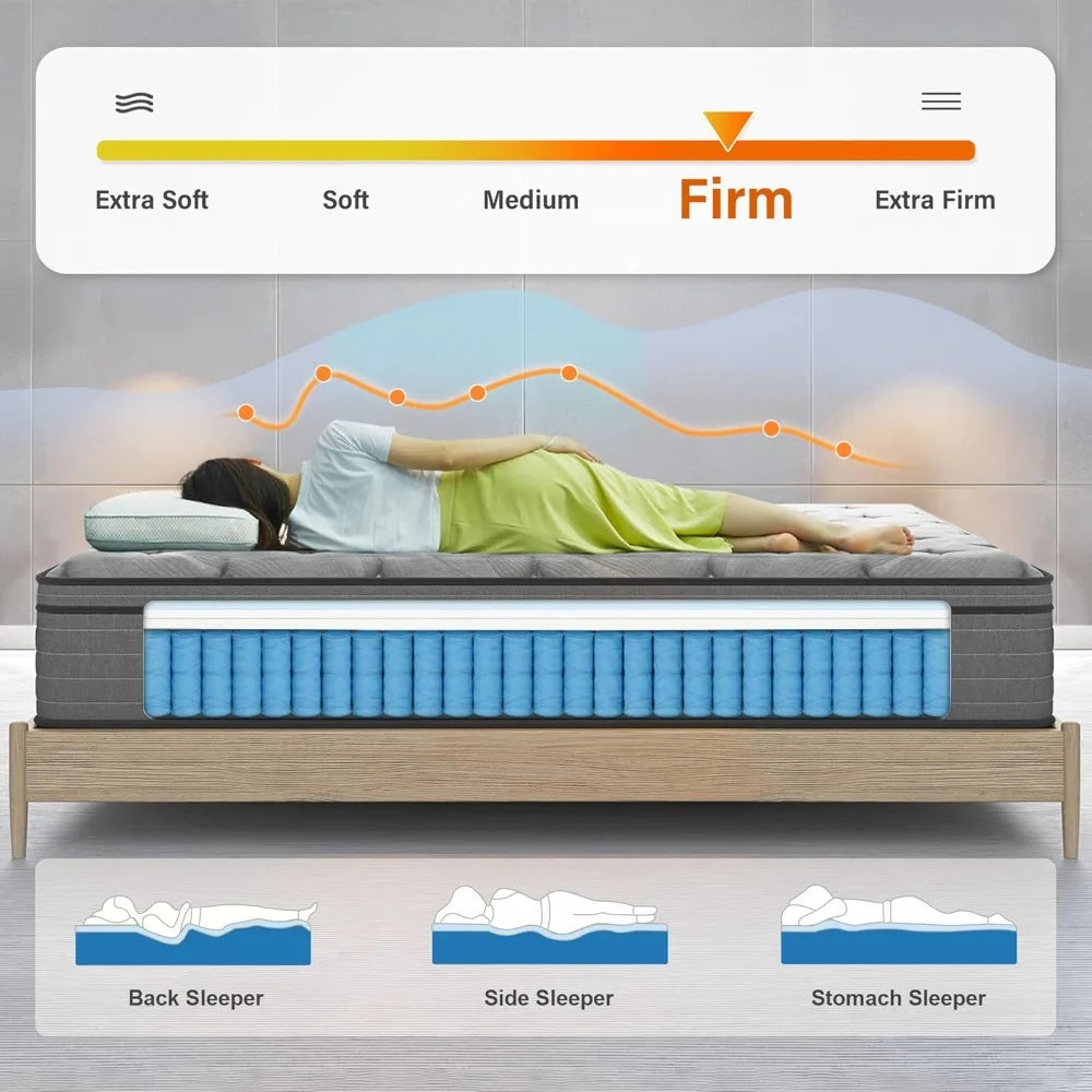 Firm Queen Mattress,12 Inch Hybrid Mattress with Extra Lumbar Support for Back Pain Relief, Cool Sleep