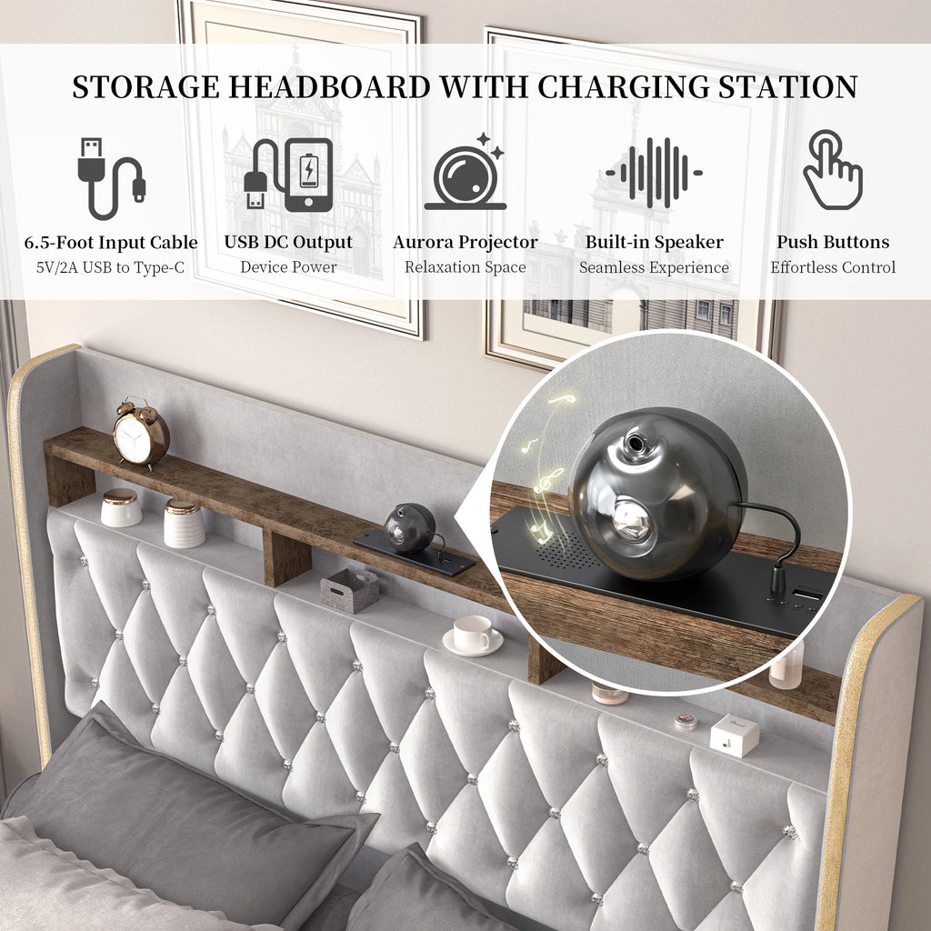 Queen LED Bed Frame with Storage, Star Projector, Charging Station, 2-Tier Headboard, PU Leather Bed