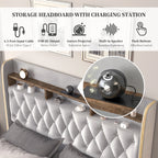 Queen LED Bed Frame with Storage, Star Projector, Charging Station, 2-Tier Headboard, PU Leather Bed