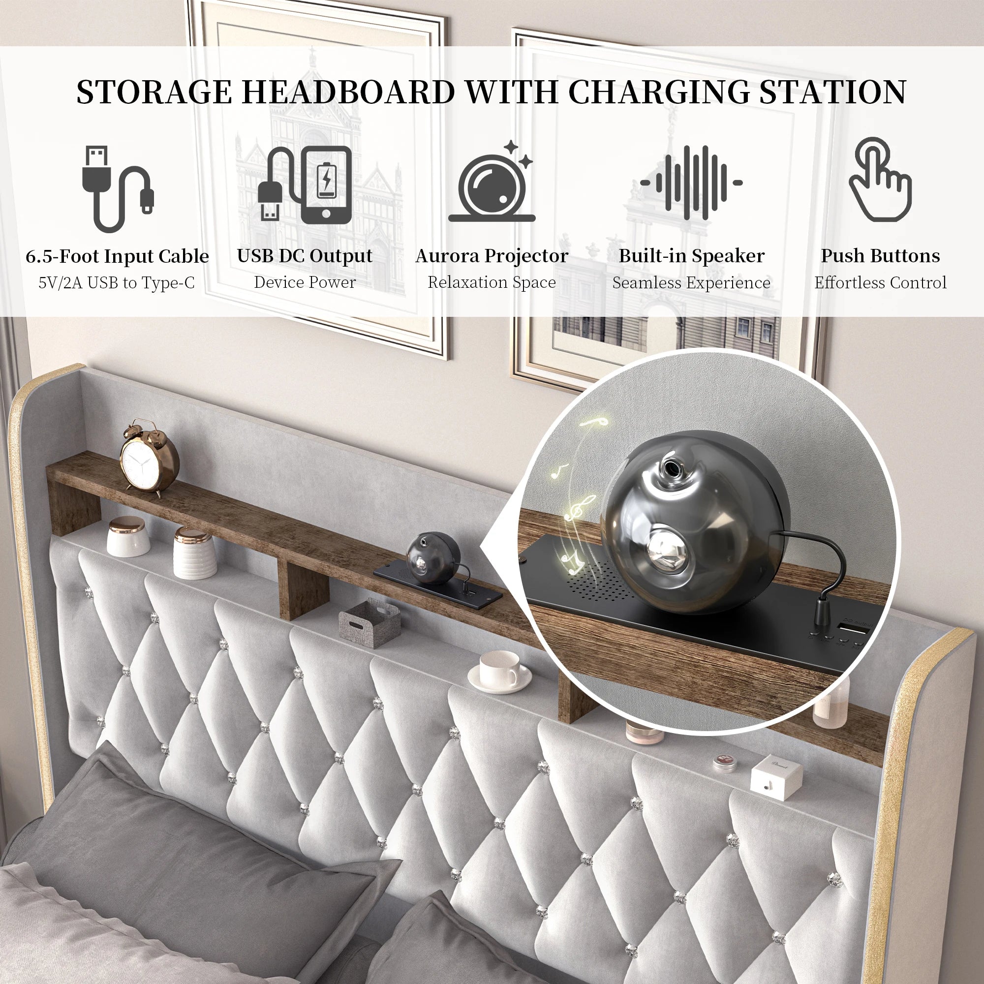 Queen LED Bed Frame with Storage, Star Projector, Charging Station, 2-Tier Headboard, PU Leather Bed