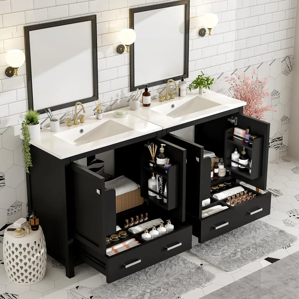 60" Bathroom Vanity with Double Sink, Solid Wood Bathroom Cabinet with 2 Drawers, Storage Racks & 2 Cabinets, Separate Two 30 In