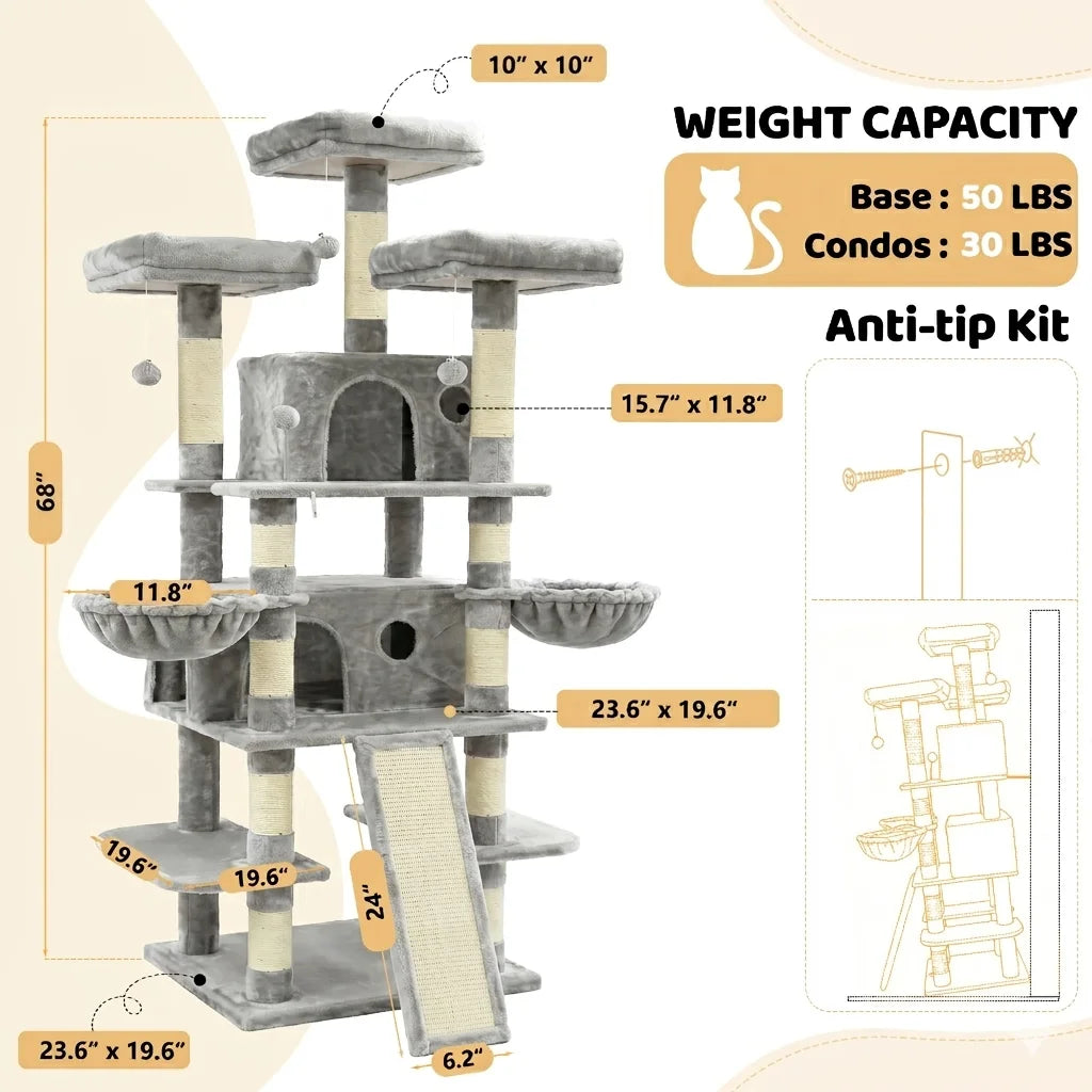 68in Large Multi Level Cat Tree Tower Indoor Activity Center 2 Condos 3 Plush Perches Scratching Post
