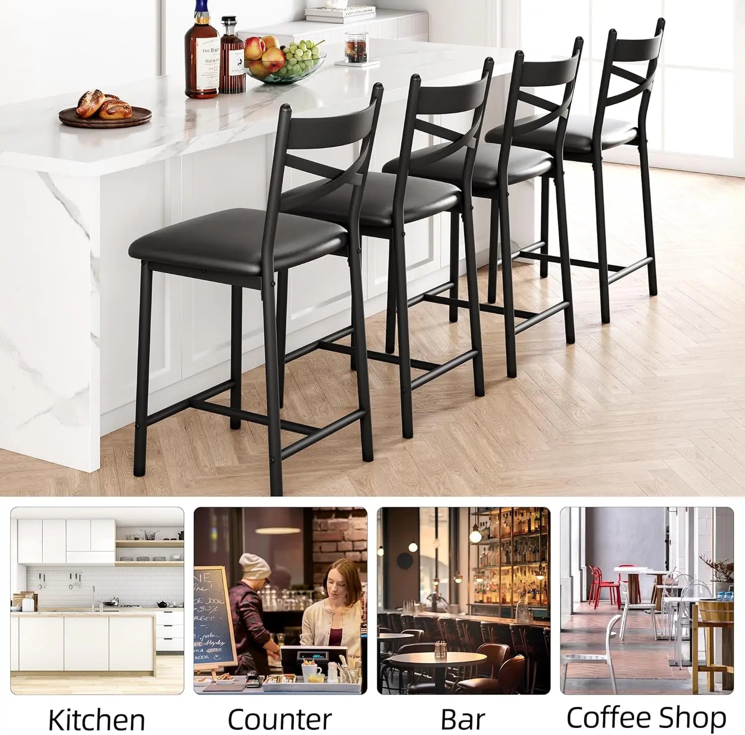 26 Inch Bar Stools Set of 4, Counter Height Bar Chairs with Back and Thick Cushion