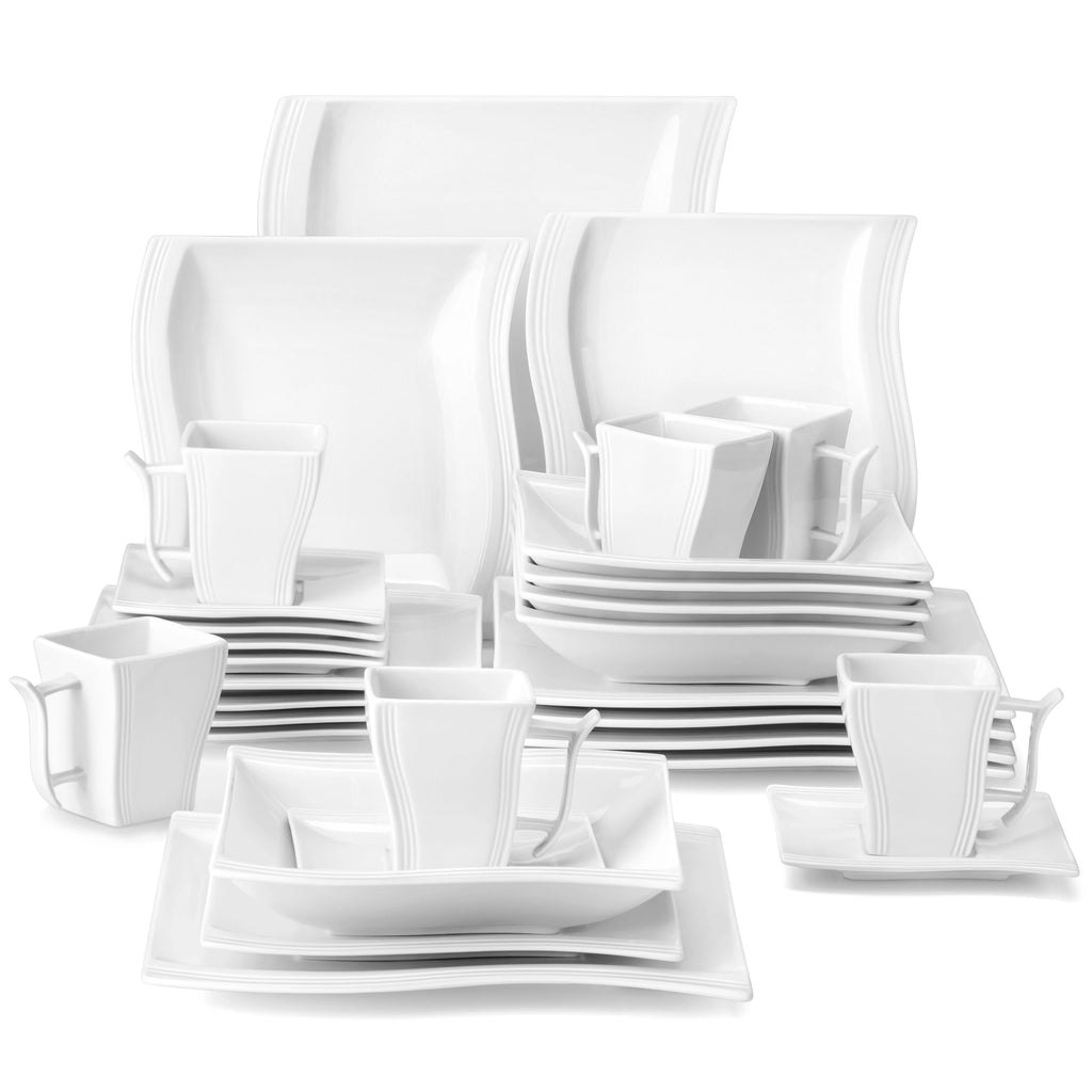 MALACASA 30 Piece White Porcelain Dinner Set with 6PCS Dinner Plate/Dessert/Soup/Mug/Saucer Tableware Set for 6-12 Person