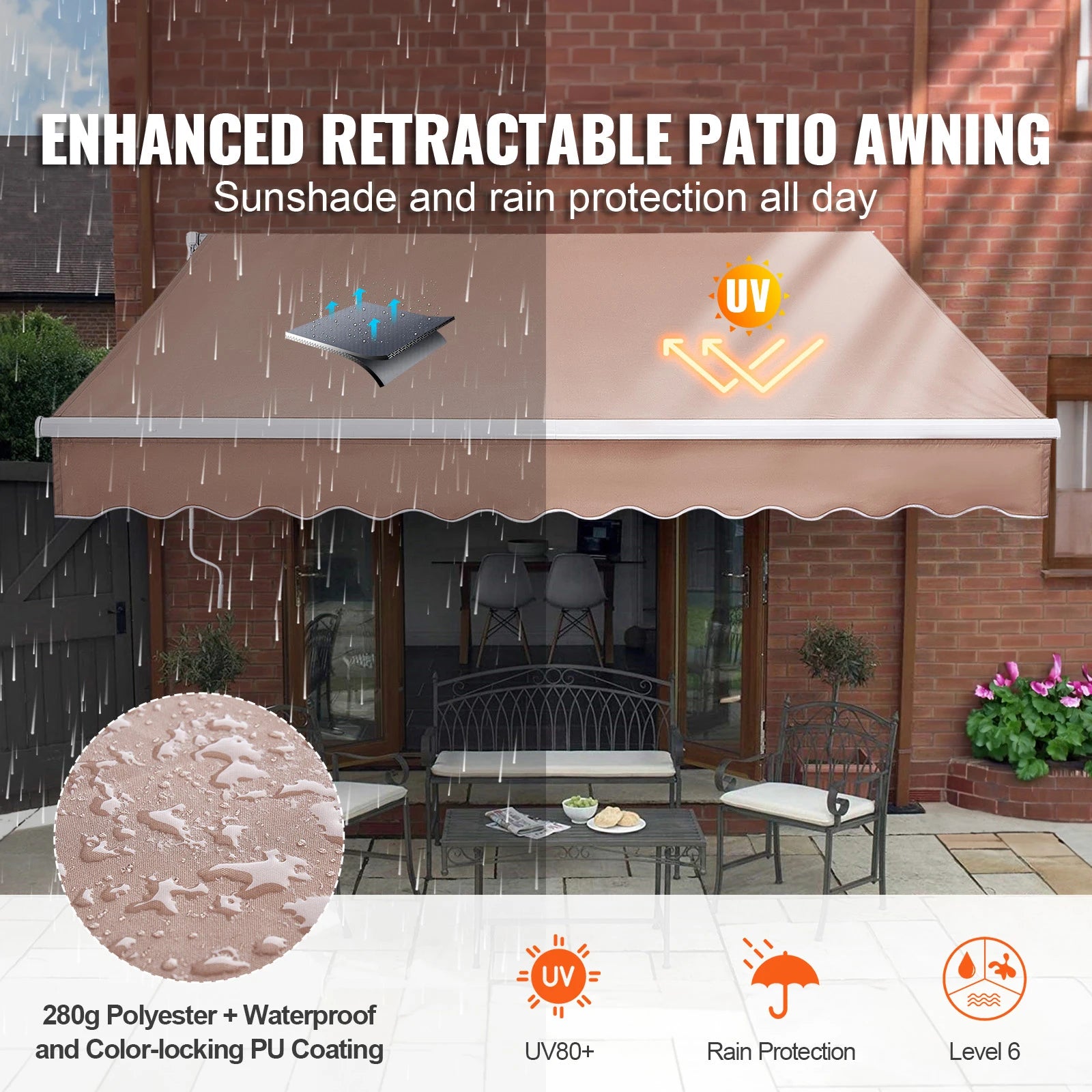 Manual Retractable Awning Outdoor Awning Retractable Sun Shade Water-Resistant Polyester Patio Door Window for Backyard