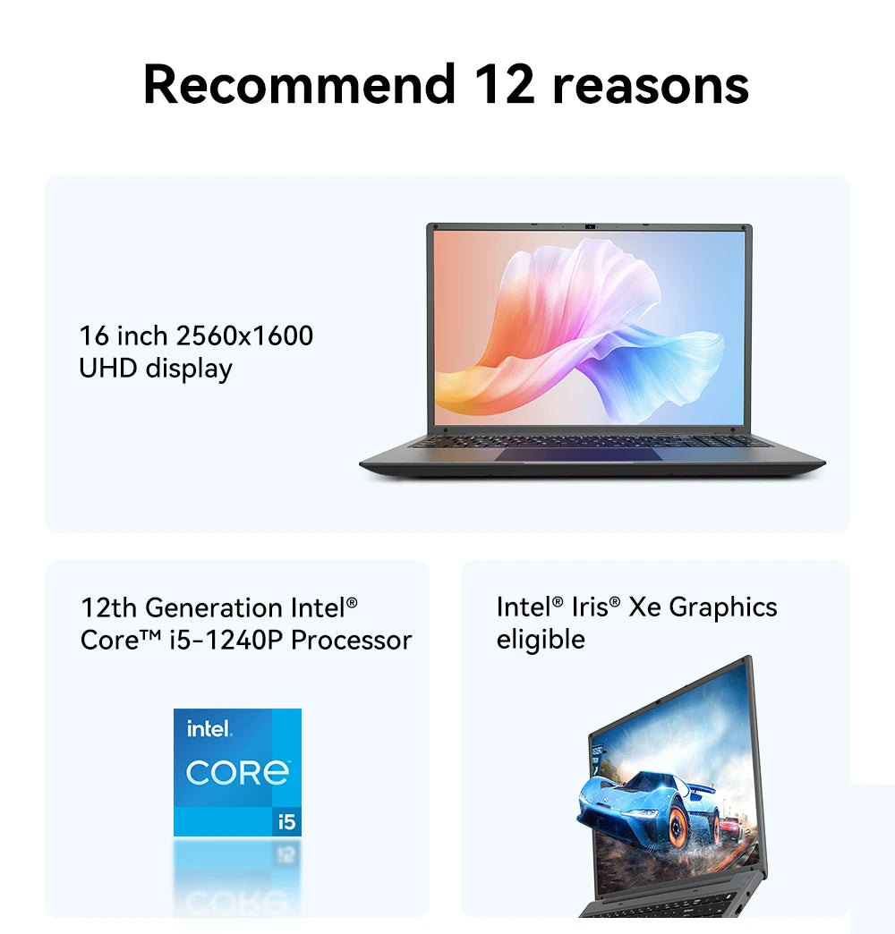 16 Inch Laptop with Intel Core i5 1240P 2.5K IPS Display Windows 11 Laptop 16GB RAM 1TB ROM SSD