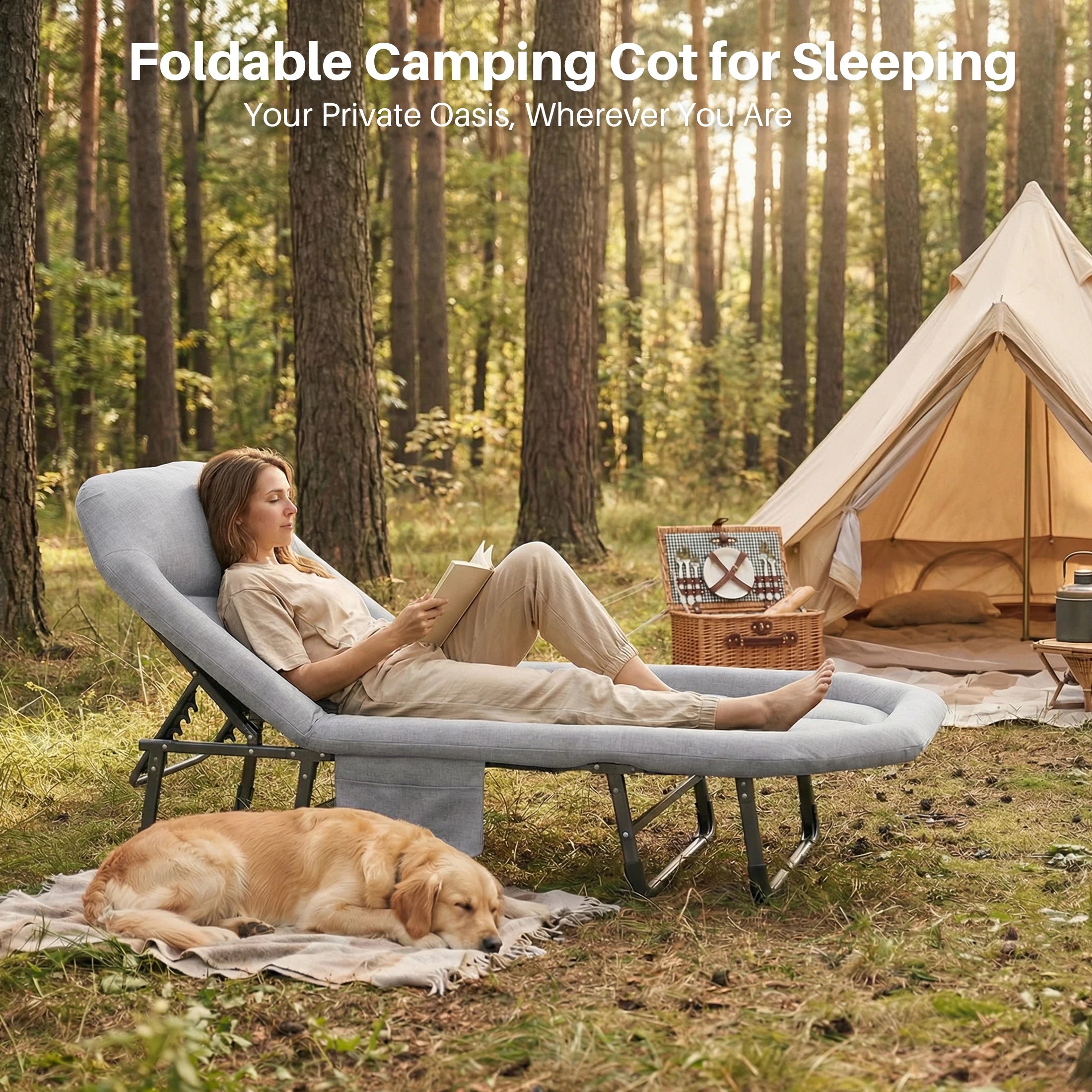 Adjustable Folding Camping Bed with Mattress Lightweight with Carry Bag 6 Angle Foldable Camping Bed for Camp Outdoor Supports 450 lbs
