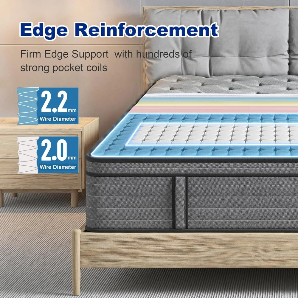 Firm Queen Mattress,12 Inch Hybrid Mattress with Extra Lumbar Support for Back Pain Relief, Cool Sleep