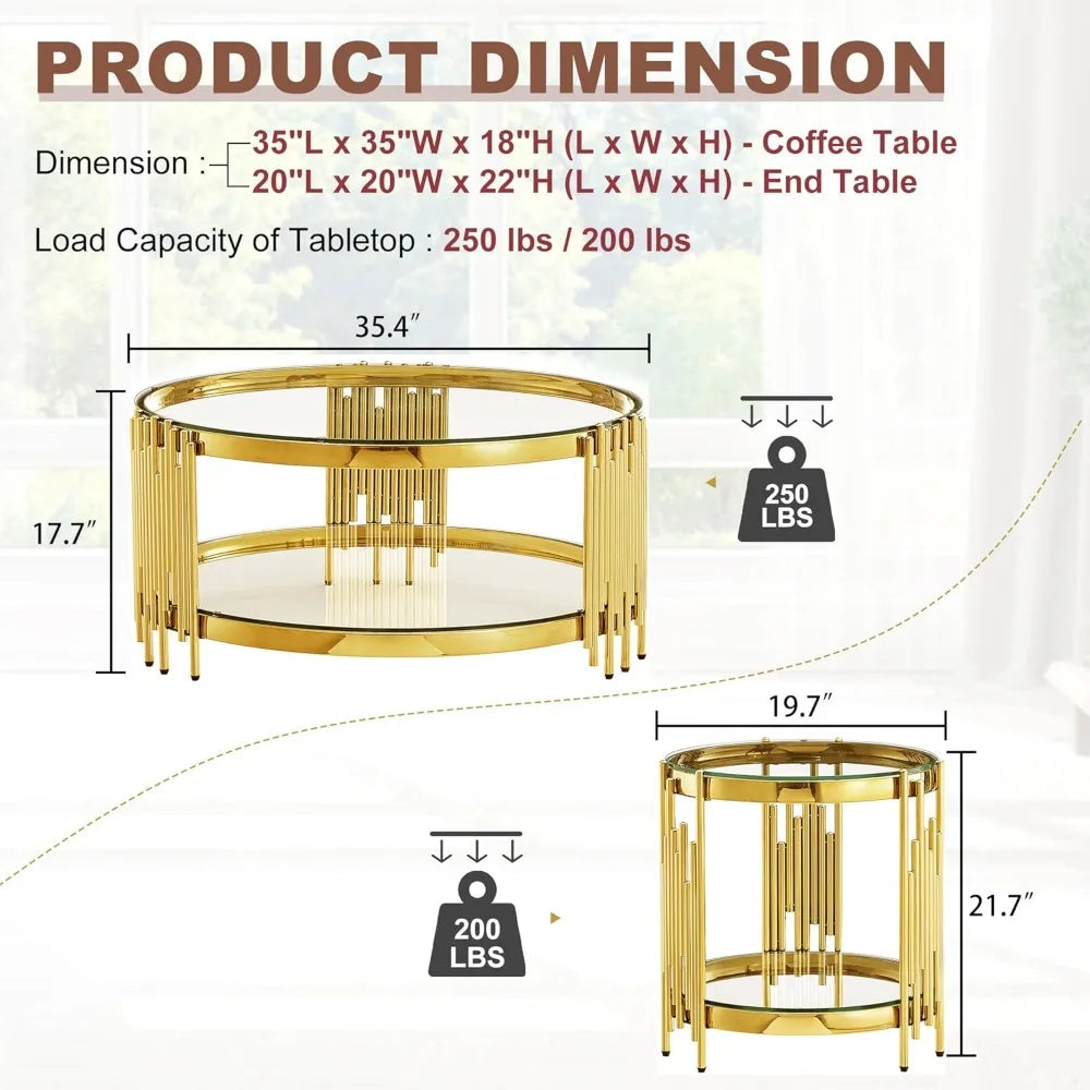 3 Piece Living Room Table Set with 1 Glass Coffee Table and 2 End Tables, 2 Tier Glass Coffee Table Set of 3 with Round Stainles
