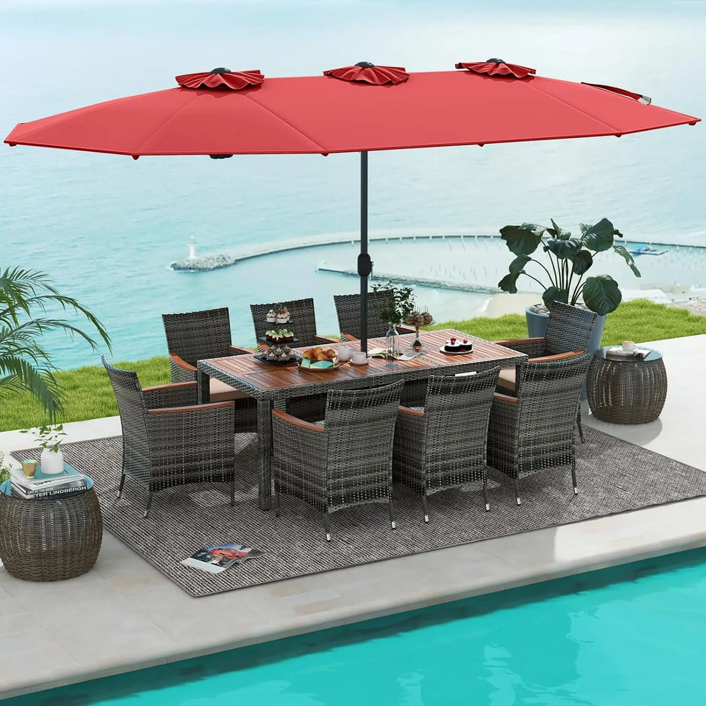 10 Pieces Patio Wicker Dining Set w/Double-Sided Patio Umbrella